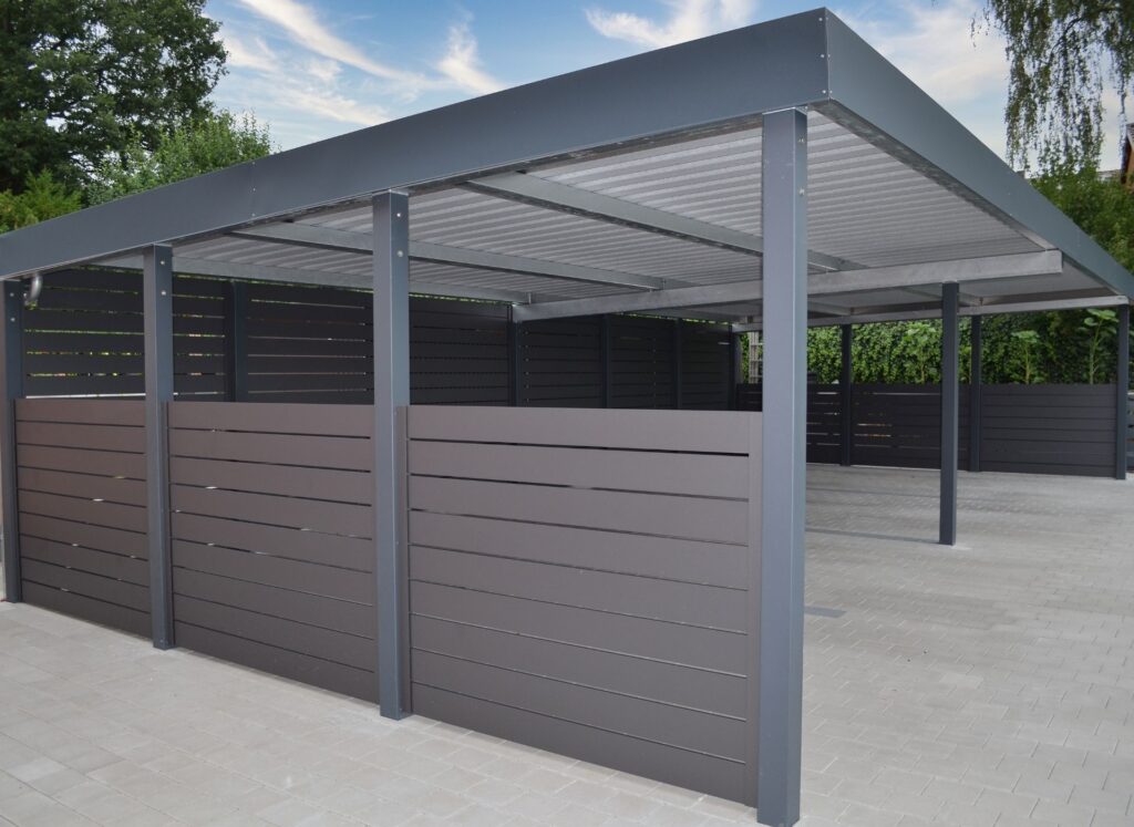 Carport mit Trapezblechdach Schuppen Geräteraum MBK Front